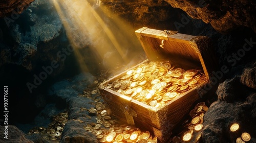 A treasure chest overflowing with gold coins, illuminated by sunlight streaming into a dark, rocky cave. photo