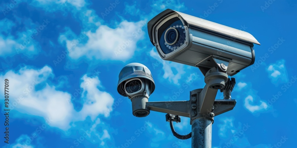 Security CCTV cameras installed on a pole with blue sky background Security CCTV cameras installed on a pole with blue sky background