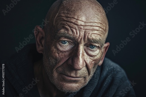 A person with a shaved head and bright blue eyes, suitable for use in portraits or character illustrations