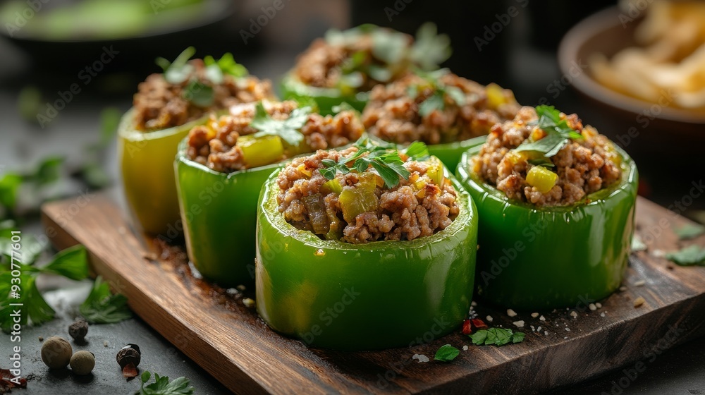 Green bell peppers sliced vertically and stuffed with seasoned ground meat, garnished with fresh herbs, served on a wooden board, showcasing a hearty and flavorful dish, rustic presentation Green bell peppers sliced vertically and stuffed with seasoned ground meat, garnished with fresh herbs, served on a wooden board, showcasing a hearty and flavorful dish, rustic presentation