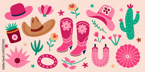 Cowboy hats, boots, cactus, flowers, and horseshoes set