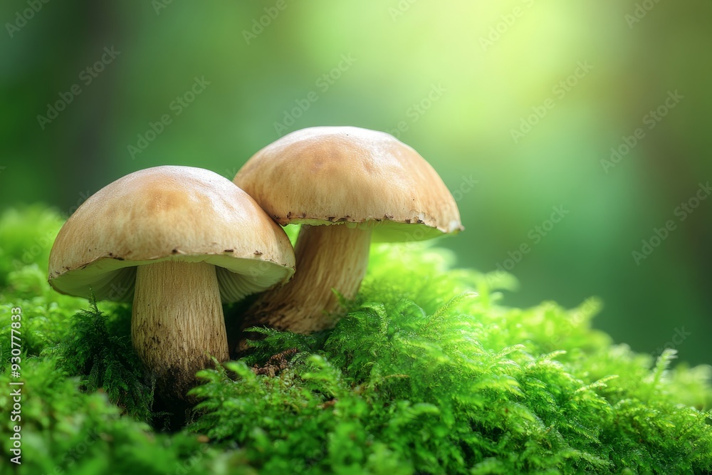 Two mushrooms emerge side by side from a vibrant moss bed, surrounded by a serene forest ambiance illuminated by soft, diffused light Two mushrooms emerge side by side from a vibrant moss bed, surrounded by a serene forest ambiance illuminated by soft, diffused light