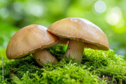 Two mushrooms grow closely together, nestled on a lush bed of vibrant green moss in a tranquil forest environment illuminated by soft daylight photo