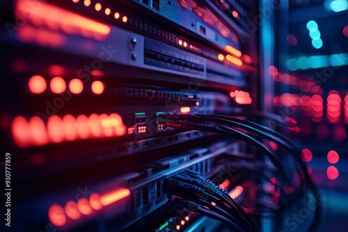 A well-organized server rack displays neatly bundled cables, illuminated by red and blue LED lights, highlighting the system's precision and efficiency in a data center