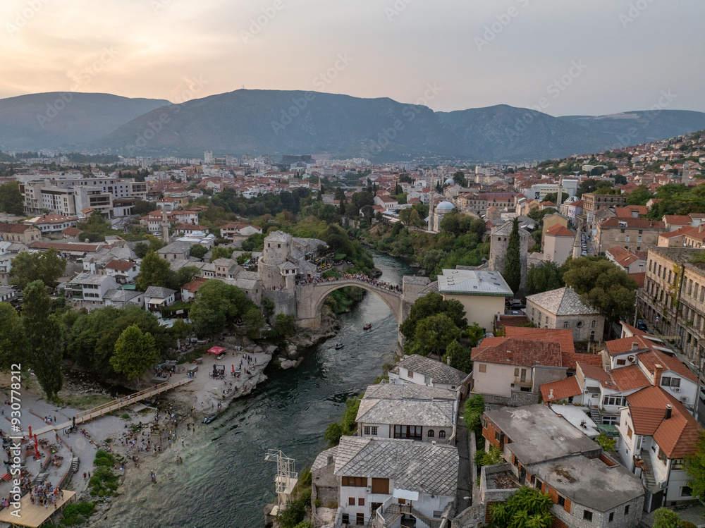 Obraz premium Bosnia and Herzegovina - Mostar city is the most popular tourist attraction with the famous old bridge with drone photo