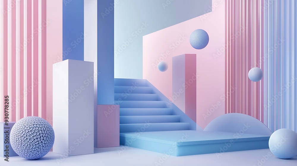 A colorful abstract scene featuring geometric shapes and stairs in soft pastel tones. A colorful abstract scene featuring geometric shapes and stairs in soft pastel tones.