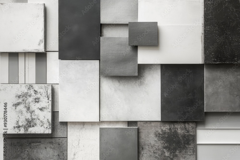 Closeup view of various fabric swatches, paint panels, and tiles arranged in a monochrome layout, focusing on texture and color combinations for design inspiration Closeup view of various fabric swatches, paint panels, and tiles arranged in a monochrome layout, focusing on texture and color combinations for design inspiration
