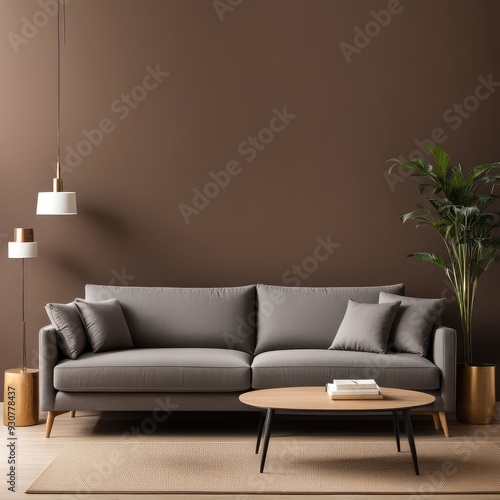 gray sofa in brown living room with copy room