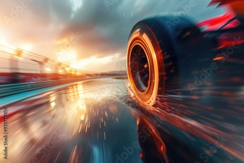 A high-speed tire in action on a race track, great for sports or racing themes photo