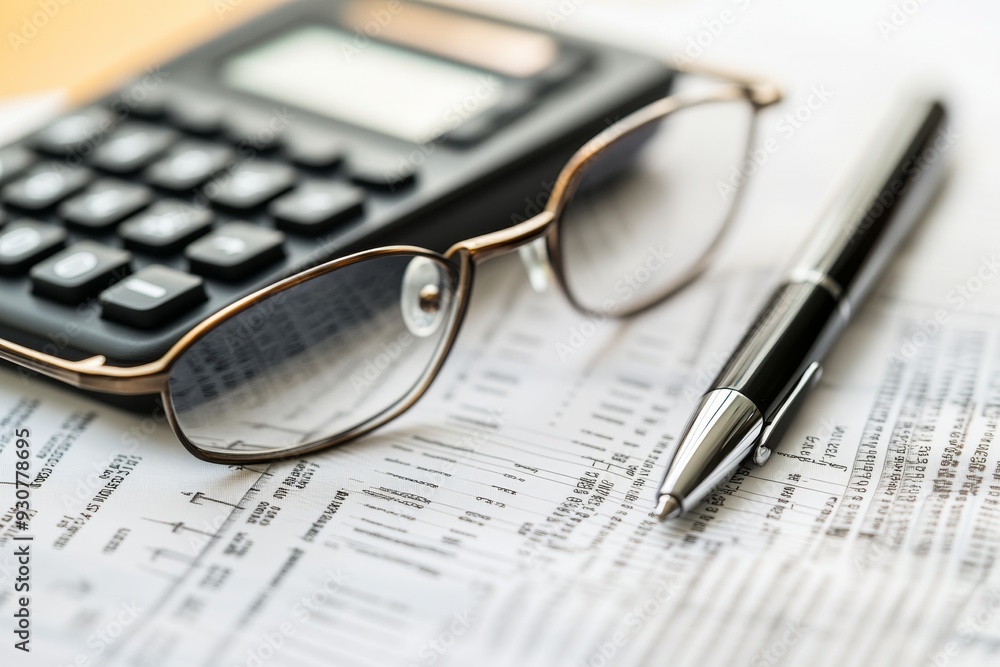 Eyeglasses rest on a financial report next to a calculator and pen, emphasizing intricate details in financial analysis and documentation Eyeglasses rest on a financial report next to a calculator and pen, emphasizing intricate details in financial analysis and documentation