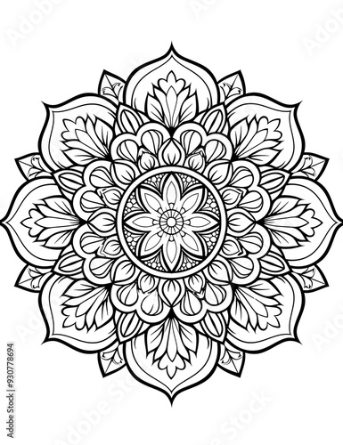 Hand Drawn Mandala Coloring Page. Mandala Coloring Page For Adults. Seamless vector pattern. Black and white linear drawing.
