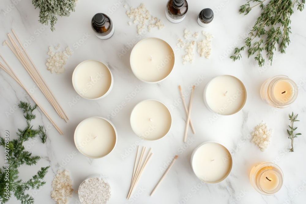 Handcrafted soy candles are arranged thoughtfully on a surface, showcasing various stages of completion with essential oils and natural ingredients nearby