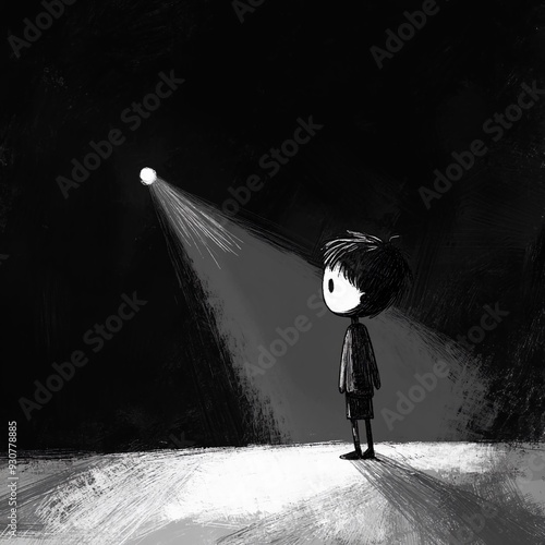 A Cartoon Illustration of a Young Boy Lit by a Spotlight