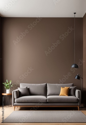 gray sofa in brown living room with copy room