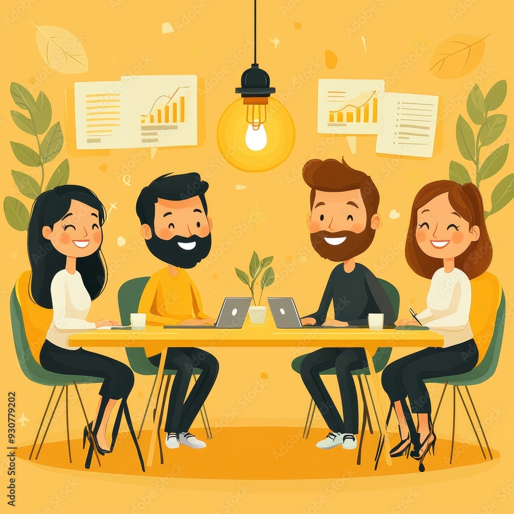 Happy Business Team Working Together at a Table with Laptops and Charts Happy Business Team Working Together at a Table with Laptops and Charts