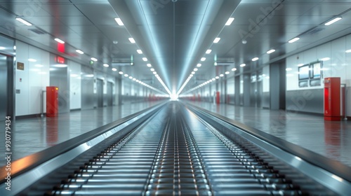 Illustrate the efficiency of the scanner machine with a 3D rendering, showcasing the empty conveyor belt poised for the smooth