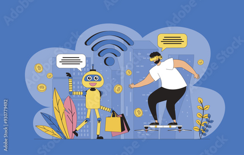 Futuristic megalopolis concept with modern flat design for web. Man using vr headset and flying drones, living in smart city with wireless technologies and robot assistants. Vector illustration.