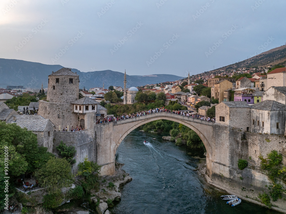 Bosnia and Herzegovina - Mostar city is the most popular tourist attraction with the famous old bridge with drone photo Bosnia and Herzegovina - Mostar city is the most popular tourist attraction with the famous old bridge with drone photo
