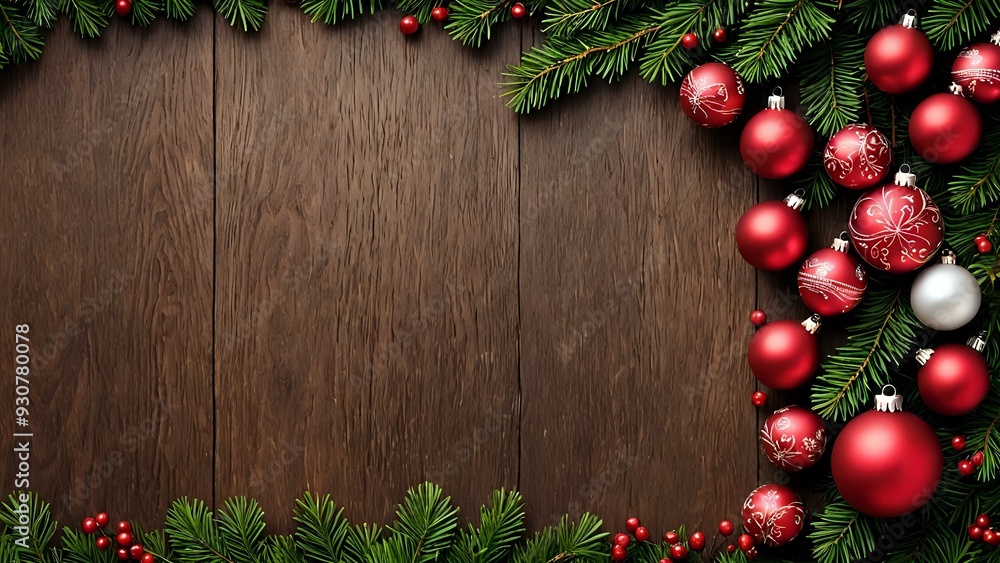A Christmas background with red and white ornaments, green sprigs, and a wood grain surface.
A Christmas background with red and white ornaments, green sprigs, and a wood grain surface.