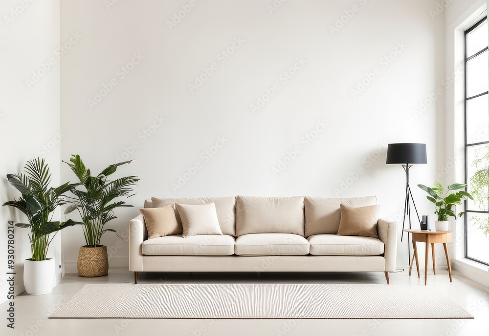 Beige sofa in the white living room with copy room Beige sofa in the white living room with copy room