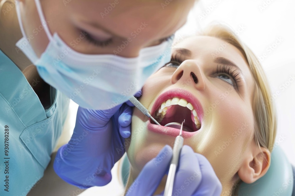 A woman sitting in a dentist's chair having her teeth examined A woman sitting in a dentist's chair having her teeth examined