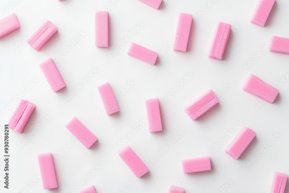 A neat arrangement of pink erasers is displayed on a white surface, showcasing their uniform shapes and colors in an organized layout A neat arrangement of pink erasers is displayed on a white surface, showcasing their uniform shapes and colors in an organized layout