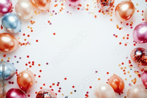 Colorful balloons and metallic confetti are playfully scattered, creating a festive atmosphere perfect for any celebration or party