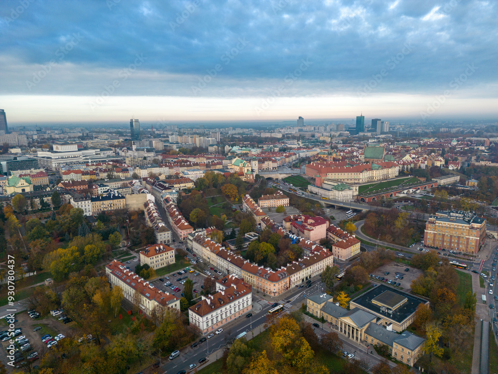 Fototapeta premium aerial view of beautiful and historic neighborhood in warsaw, poland