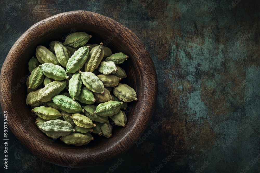 A rustic bowl holds an abundant collection of aromatic green cardamom pods, showcasing their rich color and texture in a cozy kitchen atmosphere A rustic bowl holds an abundant collection of aromatic green cardamom pods, showcasing their rich color and texture in a cozy kitchen atmosphere