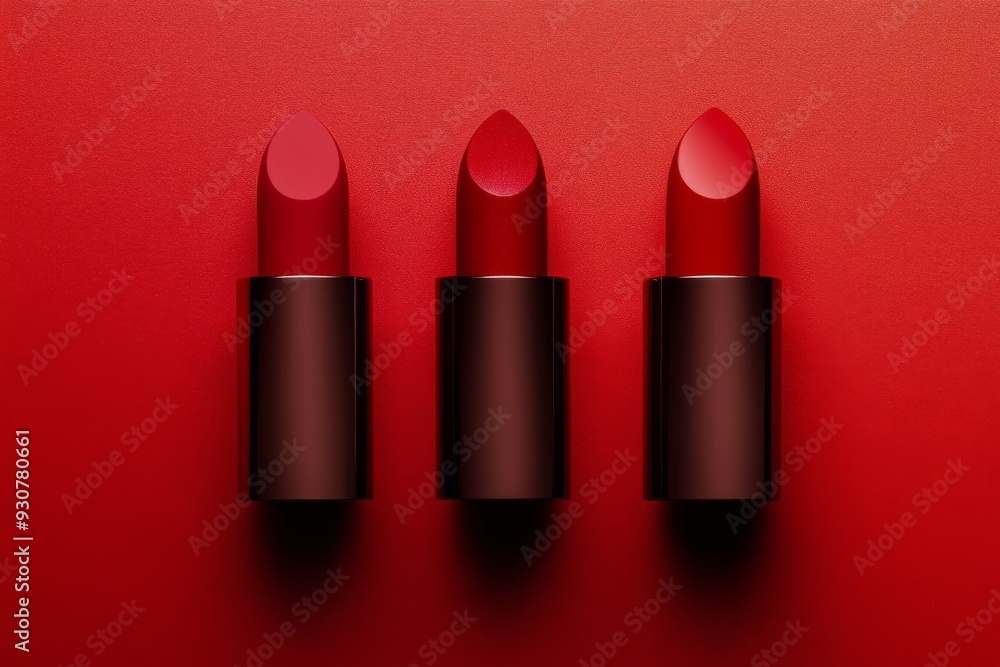 Three bold red lipsticks are neatly placed in a row on a vibrant red surface, showcasing their rich colors and smooth finishes Three bold red lipsticks are neatly placed in a row on a vibrant red surface, showcasing their rich colors and smooth finishes