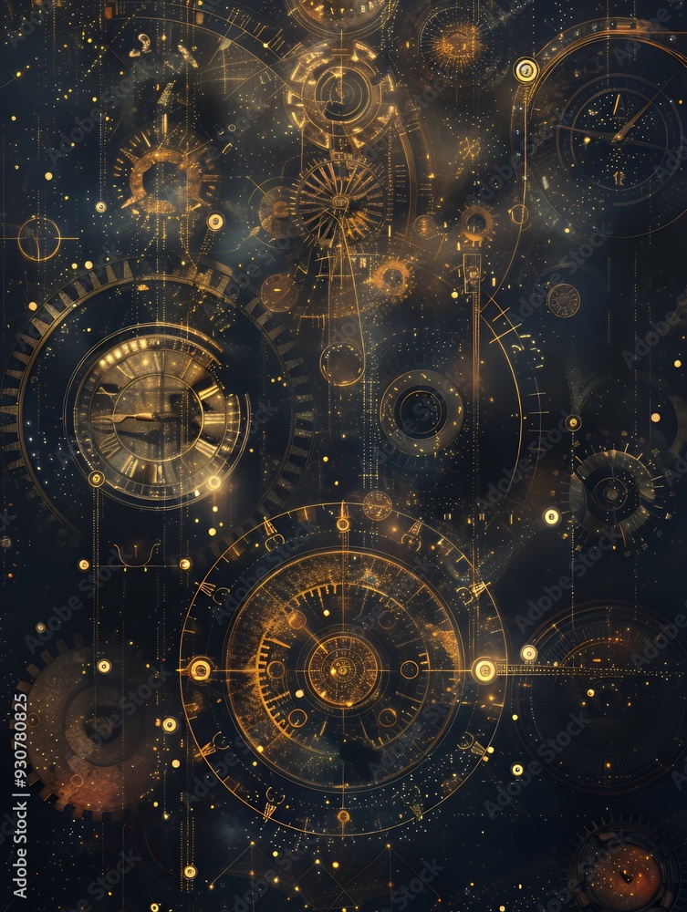 A cosmic design featuring intricate clock gears and celestial elements. A cosmic design featuring intricate clock gears and celestial elements.