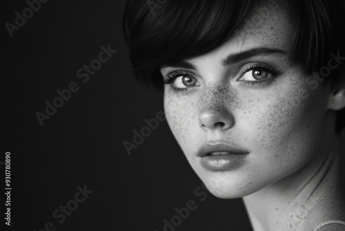 A young woman with short hair and striking freckles gazes thoughtfully, her features illuminated in a dramatic black-and-white composition