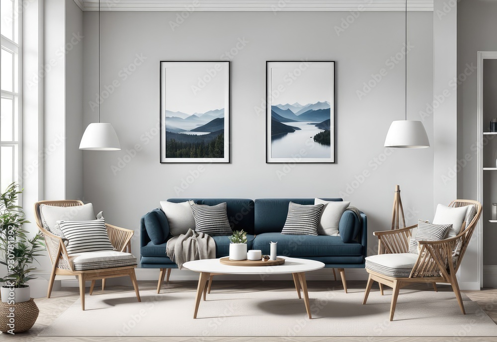 Fototapeta premium 3d rendering of framed mockup of apartment interior with chairs and decorations