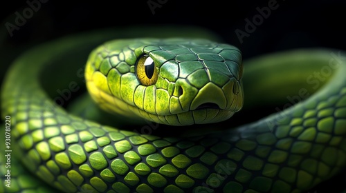 A close-up view of a dangerous green snake, capturing its intricate scales and intense gaze. The image emphasizes the snake’s menacing presence and detailed texture.