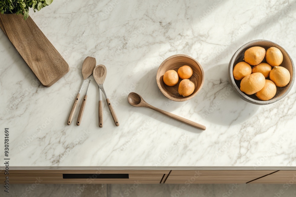 A closeup overhead view displays a marble kitchen island with wooden spoons and bowls filled with fresh fruits, creating a chic and inviting kitchen atmosphere A closeup overhead view displays a marble kitchen island with wooden spoons and bowls filled with fresh fruits, creating a chic and inviting kitchen atmosphere