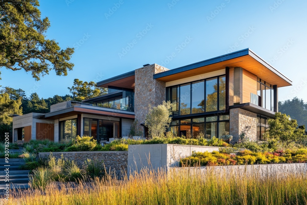 This striking modern house showcases sleek architectural lines, surrounded by lush landscaping and bathed in warm golden hour light This striking modern house showcases sleek architectural lines, surrounded by lush landscaping and bathed in warm golden hour light