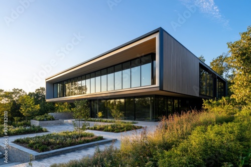 This modern house features sleek lines and expansive glass, elegantly blending with its natural surroundings during the golden glow of sunset