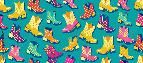 Colorful cowboy boots on blue background, inspiration for art and textile