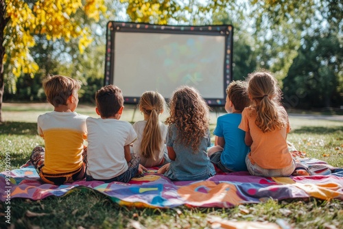 A group of joyful children sits on a vibrant blanket, captivated by a movie being shown on a large screen in a green park