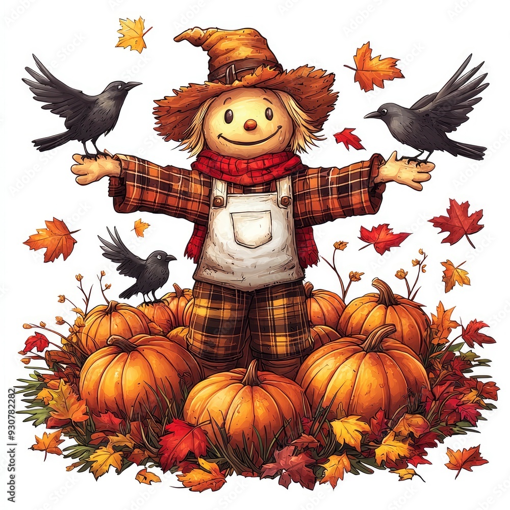 Fototapeta premium Friendly Scarecrow with Pumpkins and Birds