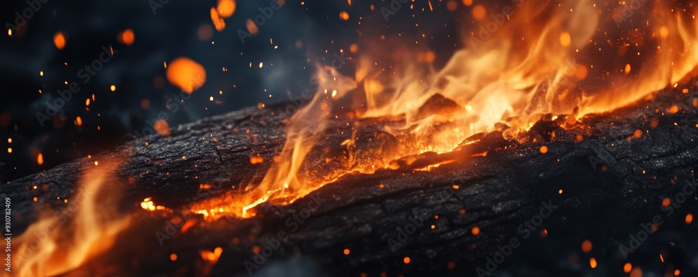 Burning log with glowing embers and sparks Burning log with glowing embers and sparks