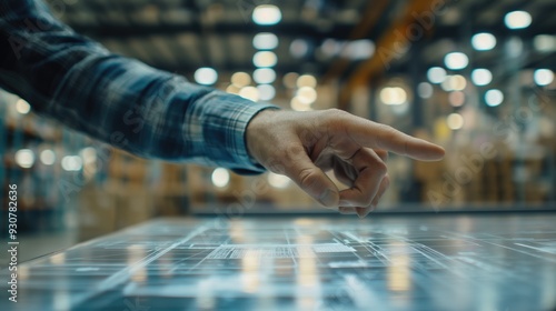 Warehouse engineer office person hand pointing at schematic digital overlay of modern big warehouse vizualization on his desk photo