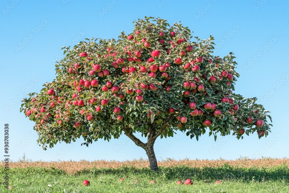 A large tree is heavily laden with ripe red apples, standing in a lush field under a bright clear blue sky, signaling a fruitful harvest A large tree is heavily laden with ripe red apples, standing in a lush field under a bright clear blue sky, signaling a fruitful harvest