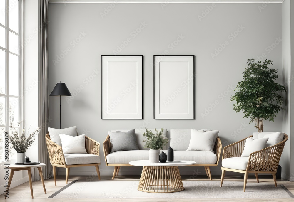 3d rendering of a framed mockup in a living room with Scandinavian style chairs and decorations 3d rendering of a framed mockup in a living room with Scandinavian style chairs and decorations