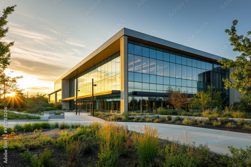 A contemporary healthcare building features expansive glass windows reflecting the warm colors of the sunset amidst a landscaped environment A contemporary healthcare building features expansive glass windows reflecting the warm colors of the sunset amidst a landscaped environment