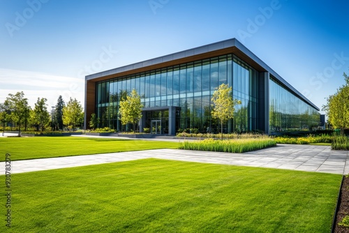 A contemporary office building features large glass windows, manicured lawns, and geometric landscaping under clear skies