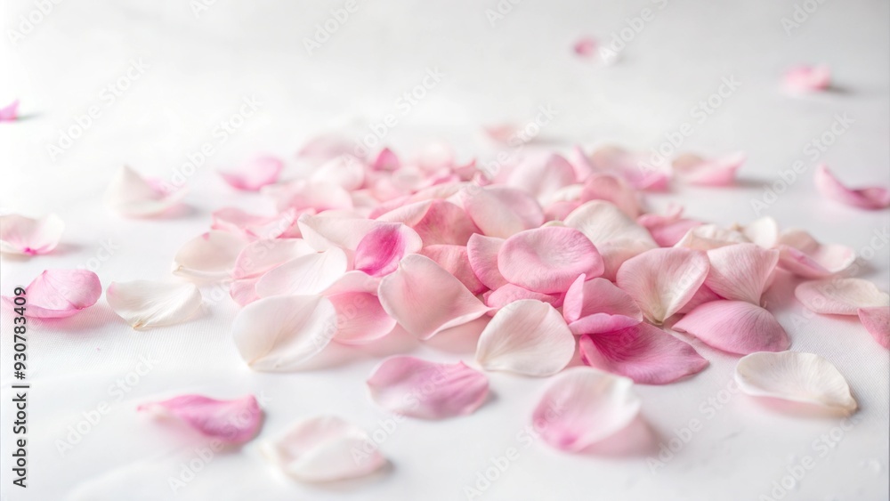 Soft Pink and White Rose Petals Scattered on White Background, Romantic Floral Design Soft Pink and White Rose Petals Scattered on White Background, Romantic Floral Design