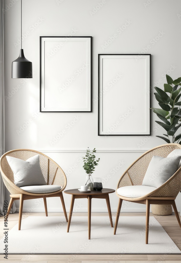3d rendering of a framed mockup in a living room with Scandinavian style chairs and decorations 3d rendering of a framed mockup in a living room with Scandinavian style chairs and decorations