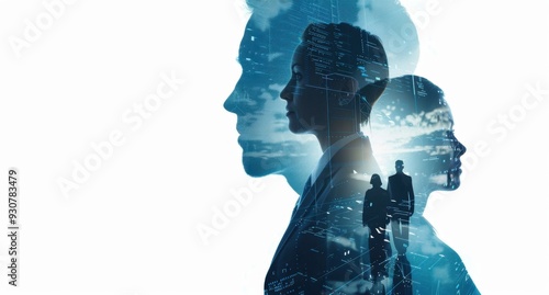 Double exposure of a group of business people's silhouettes and digital technology, in a blue color palette, against a white background Generative AI