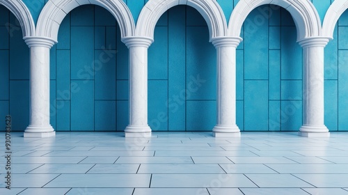 Elegant architectural interior featuring white columns against a vibrant blue wall, creating a modern and soothing ambiance.